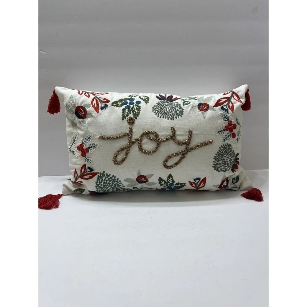 Christmas Throw Pillow Joy Beaded Embroidery White Gold Green Red Tassels 17x9.5